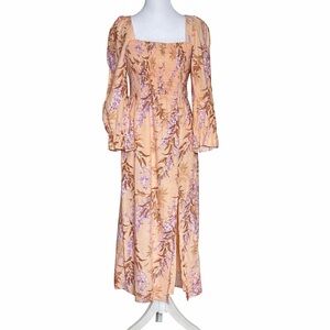 House of Harlow 1960 Linen Blend Smocked Midi‎ Dress XS Peach Floral Palm Bishop